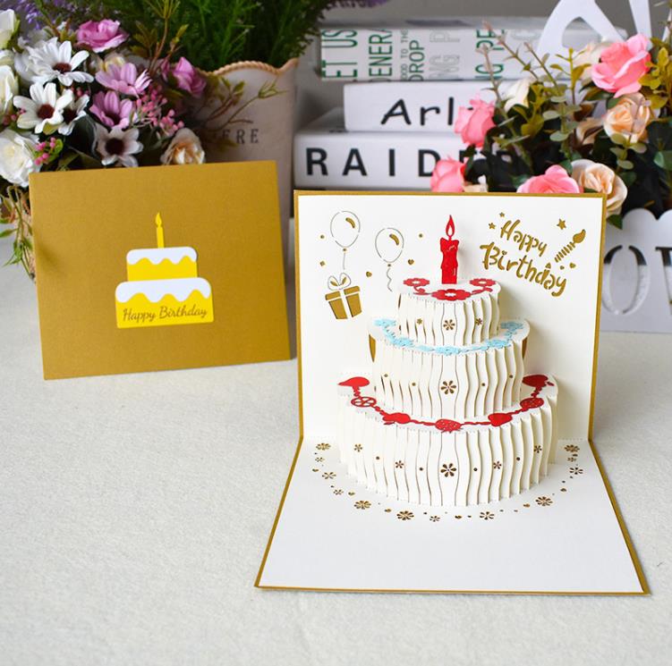 Greeting Cards 3D Happy Birthday Cake Pop-Up Gift for Kids Mom with Envelope Handmade Gifts SN5129