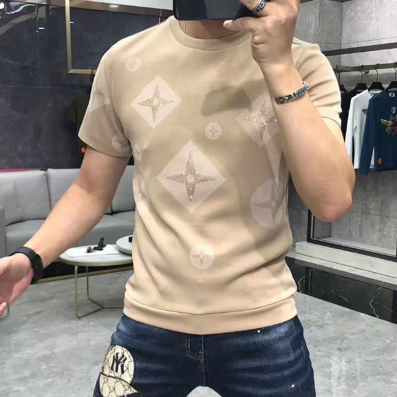 New Men 's Luxury Printed Mercerized Cotton Rhinestone 캐주얼 남자 슬림 티셔츠 디자이너 Crewneck Short Sleeve Top Pink Blue