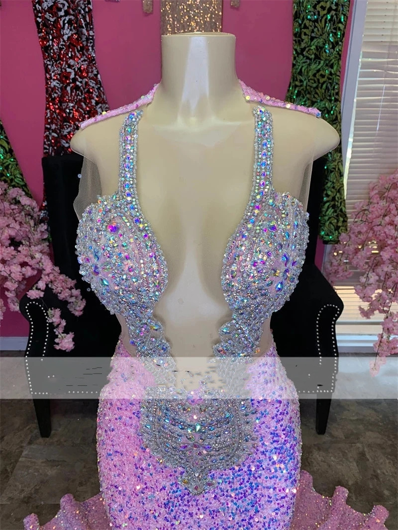 Sexy Glitter Pink Mermaid Prom Dresses 2023 Luxury Sheer Neck Crystal Sequins Party Gowns Homecoming Gowns Robe De Bal