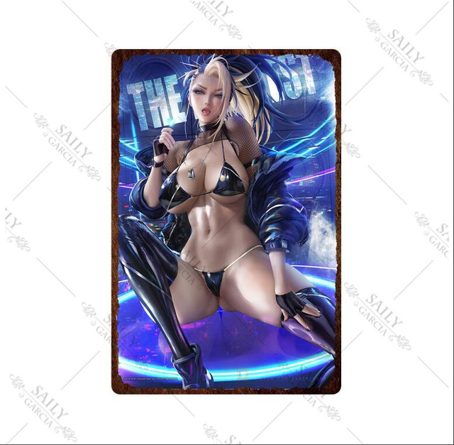 Dessin animé Anime métal peinture étain signe Sexy fille affiches décor métal signes Sexy nue jeu filles plaques murales en métal pour Pub Bar homme cave 20x30cm Woo