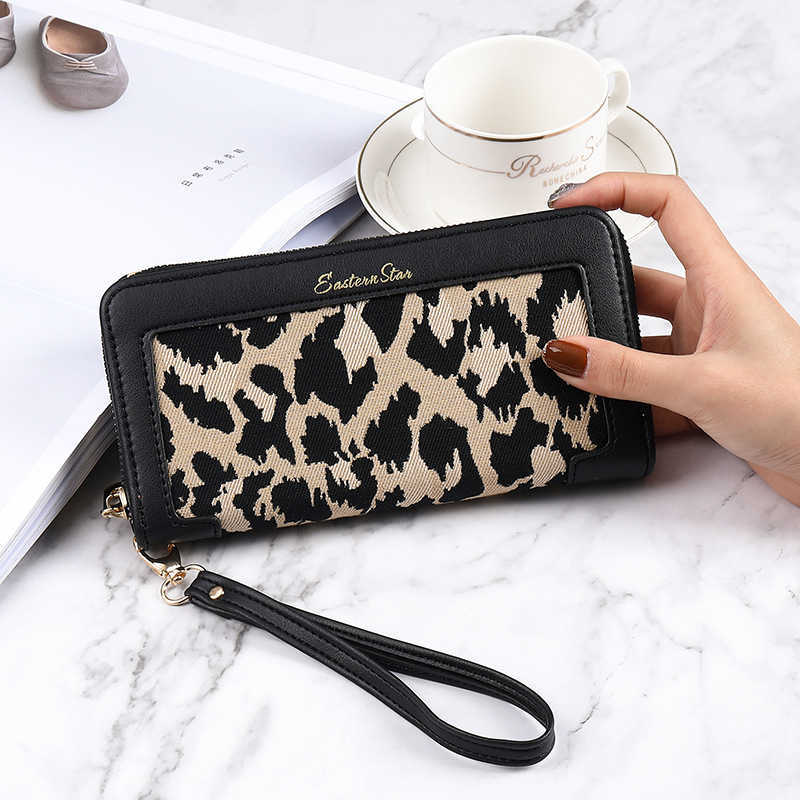 Carteira feminina longa estampa de leopardo moda clássico zíper grande capacidade multifuncional multi posição do cartão bolsa de mão feminina 230292a