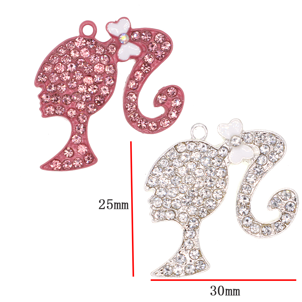 10stFashion Jewelry Emamel Rhinestone Pink Cartoon Character Pendant For Necklace Luxury Crystal Young Girl Shape Charms