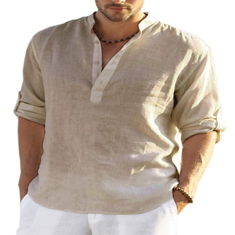Mäns linne långärmad skjortor Solid Color Casual Långärmad bomullslinne Skjorta Toppar kläder