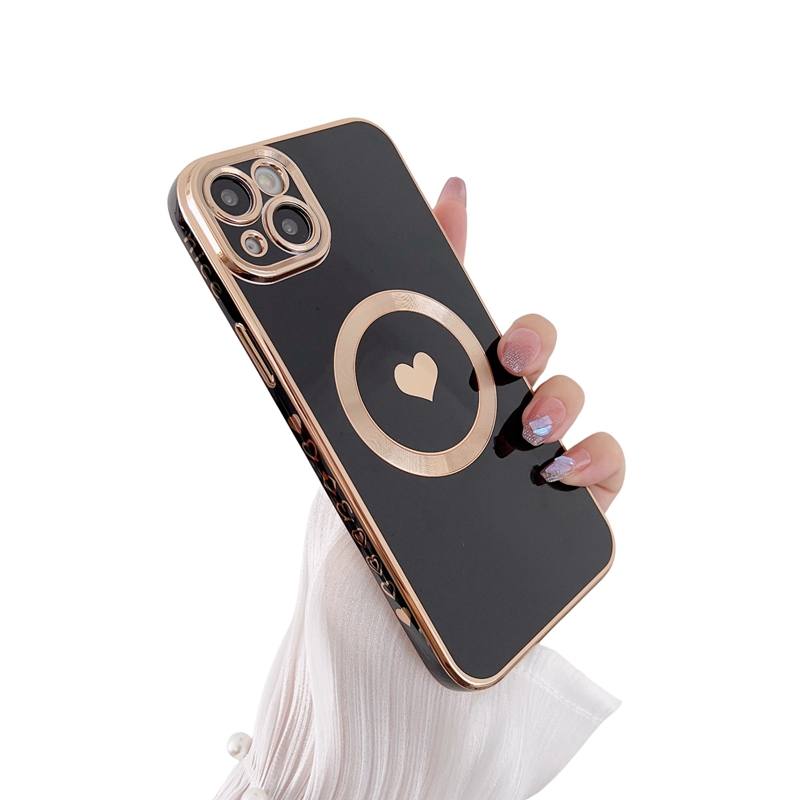 6D Magnetic Wireless Charging Cases For Iphone 14 Pro Max 13 12 11 X XR XS 8 7 Plus Soft TPU Luxury Bling Love Heart Chromed Fine Hole Metallic Plating Phone Back Covers