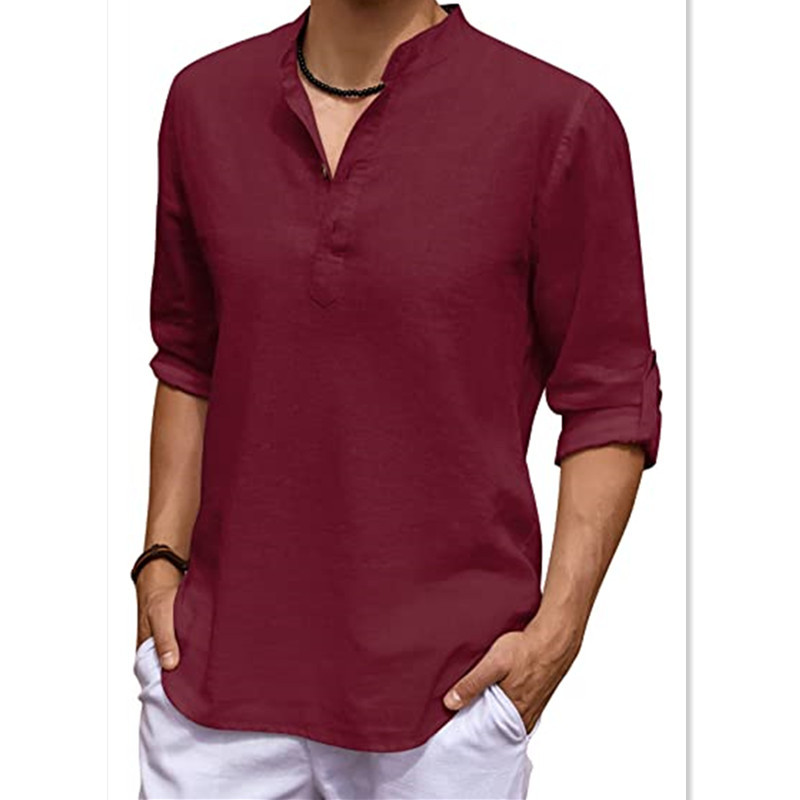 Men Shirt New Men's Linen Long Sleeve V-Neck T Shirt Solid Color Casual Hawaiian Shirt Yoga Button Breathable Top Shirts for Men