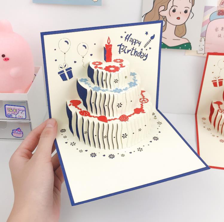 Greeting Cards 3D Happy Birthday Cake Pop-Up Gift for Kids Mom with Envelope Handmade Gifts SN5129