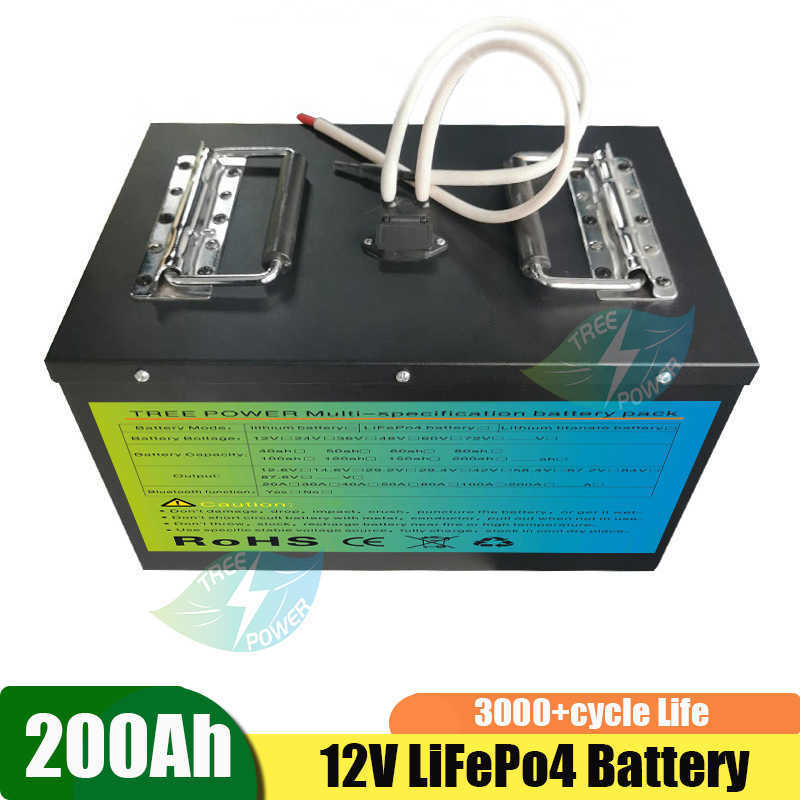 12V 200Ah LiFePO4 Battery Pack With BMS Lithium Power Golf Cart Batteries 3000 Cycles RV Campers Off-Road Off-Grid Solar Energy