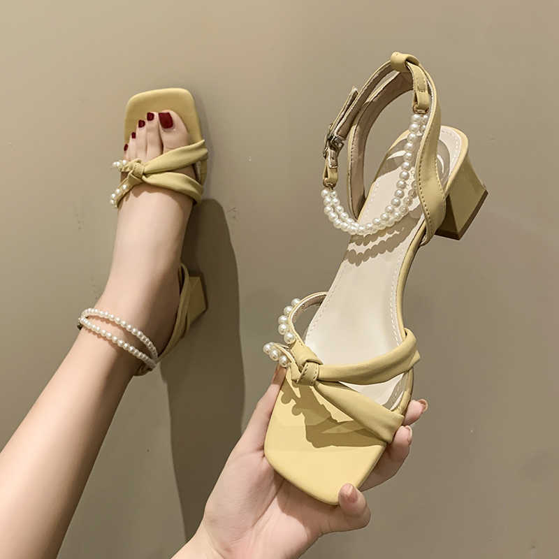 SDWK 4cm Pearl Sandals Women Summer Fairy Style Fashion Square Toe String Bead Party Wedding High Heels Mid Heel Woman Shoes 0220