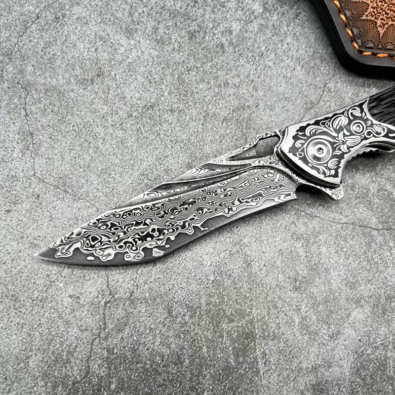 Kuty VG10 Damascus Składający nóż cząstek cząstek Ebony drewniane z skórzaną osłoną na zewnątrz polowanie na kieszonkową kemping noża EDC