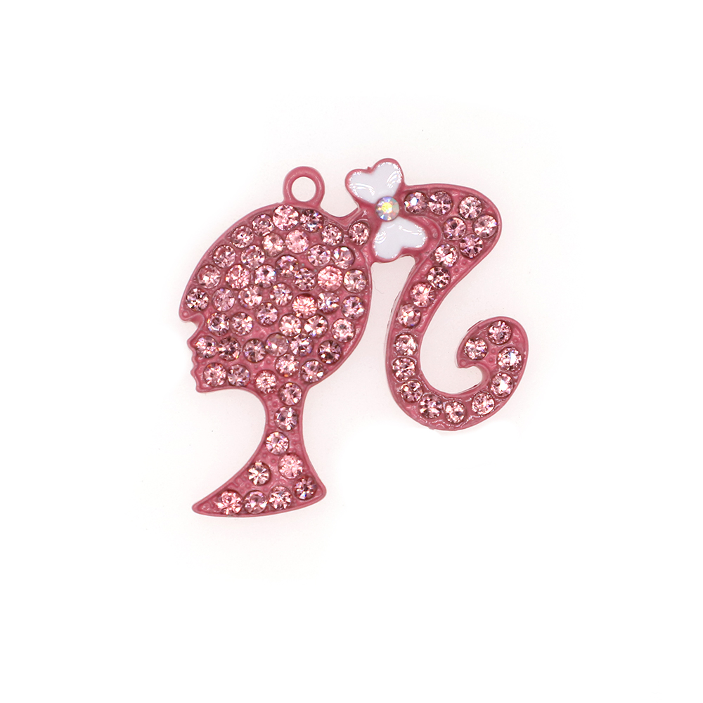 10stFashion Jewelry Emamel Rhinestone Pink Cartoon Character Pendant For Necklace Luxury Crystal Young Girl Shape Charms