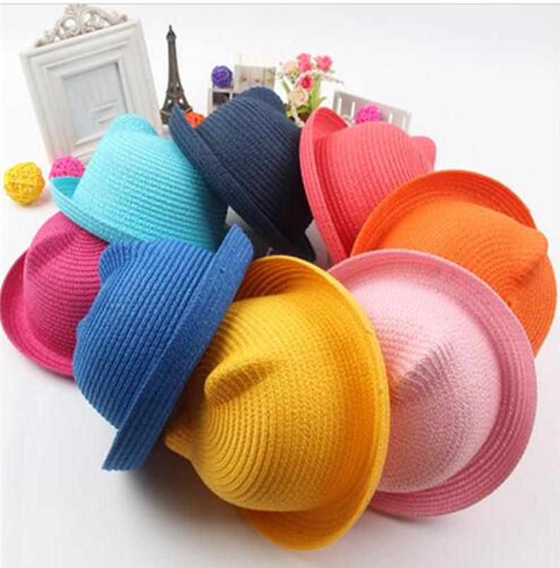 Straw Hats Kids Character Ear Decoration Summer Cap Baby Sun Hat For Girl Boys Bucket Cap For Children Hat Beach Panama Caps TO599