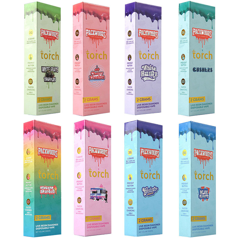 2ml Torch X Packwoods E Cigarette Stock In USA Warehouse Rechargeable 8 Flavors Disposable Vape Pen With 280mAh Battery Empty Vape Cartridges Box Package