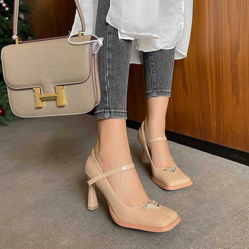 Genuine Sheepskin Leather Luxury Brand Square Toe Nude Black Women Mature Pumps Office Lady Thin High Heels Mary Janes Shoes 0220