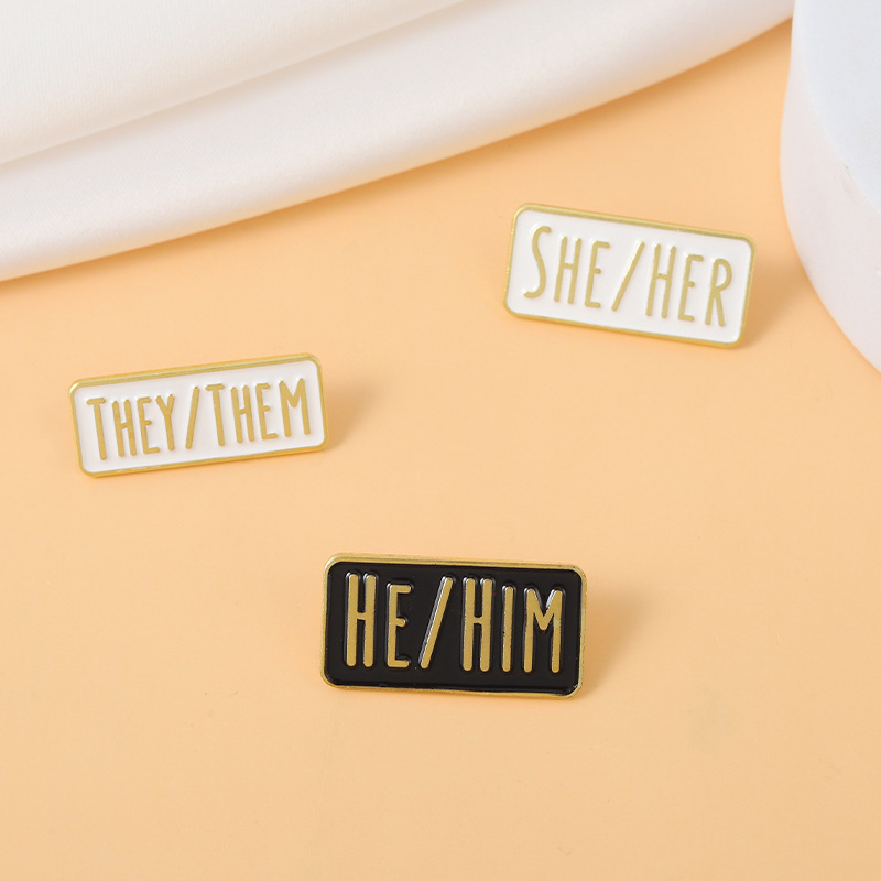 Simple Pronouns Enamel Pins Custom Brooches HE HIM SHE HER THEY THEM Black White Lapel Badges Fun Jewelry Gift for Friends