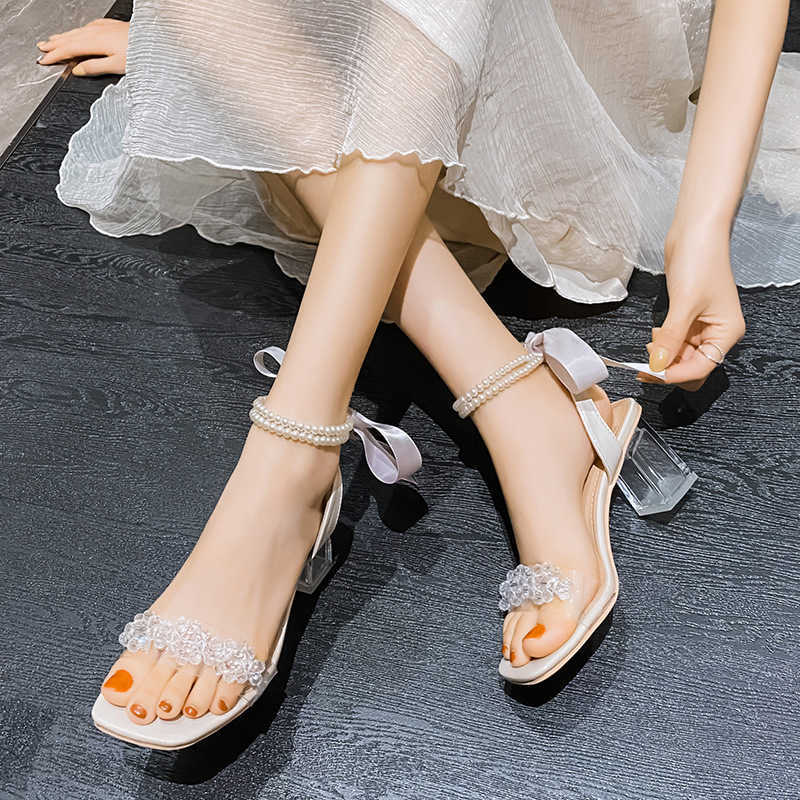Dames sandalen schoenen met hoge hakken zomerjurk parel parel kreupjes steentjes vierkante hak zijden riem damespompen AD2964 0220