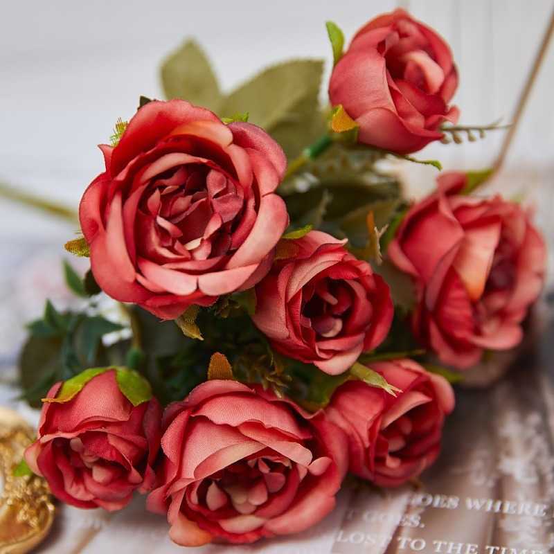 Dekorativa blommor kransar vintage 8 huvuden konstgjorda blommor silke piongrön ros för dekorationer falska fower bröllop skrivbord rum parti diy buquet dekor t230217