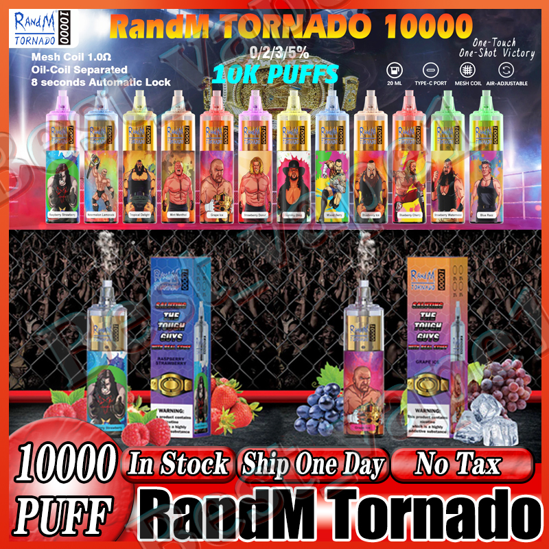 Original RandM Tornado Puffs 10000 Disposable Vape Pen E Cigarette Rechargeable Battery Airflow Control Mesh Coil 20ml 10K Big Vapor Kit 24 Flavors Ship In One Day