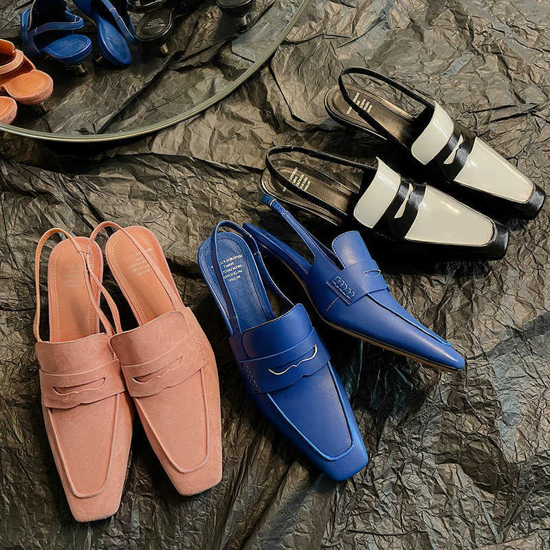 Echtes Leder Spitz Geschlossene Zehe Gemischte Farbe Luxus Marke Frauen Sommer Schuhe Low Heels Slingback London Mode Sandalen 2023 0220