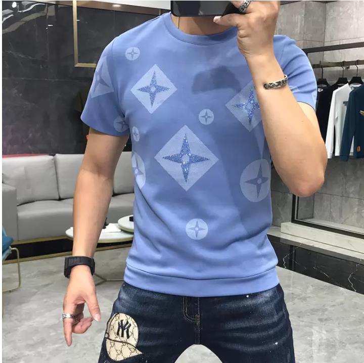 New Men 's Luxury Printed Mercerized Cotton Rhinestone 캐주얼 남자 슬림 티셔츠 디자이너 Crewneck Short Sleeve Top Pink Blue