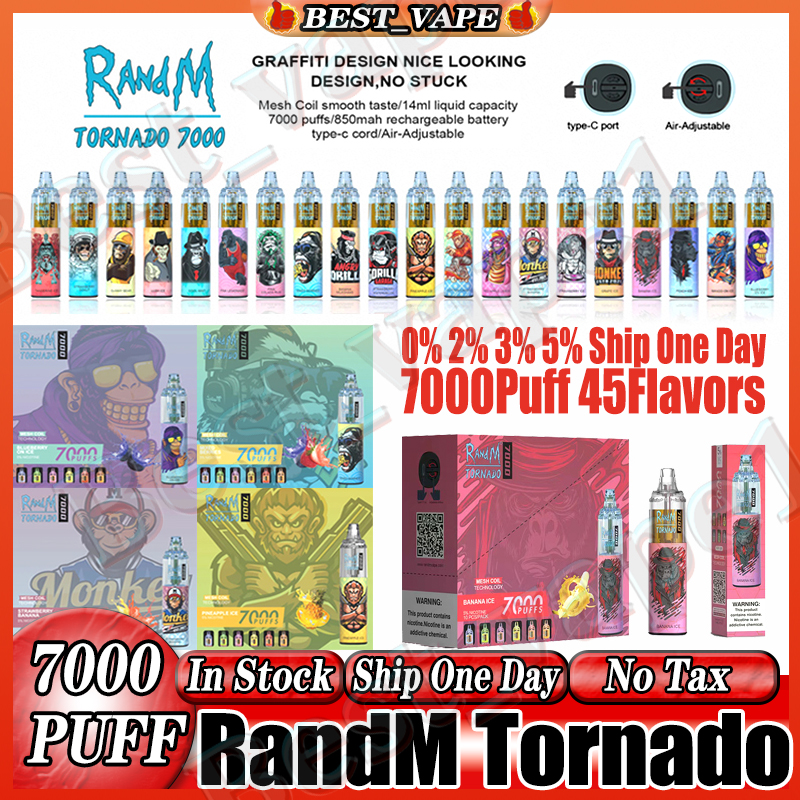 Authentic RandM Tornado 7000 Puffs Disposable E cigarettes Pod Device 1000mah Powerful Battery 14ml Cartridge Mesh Coil RGB light Glowing Vape Pen Kit 45 Flavors