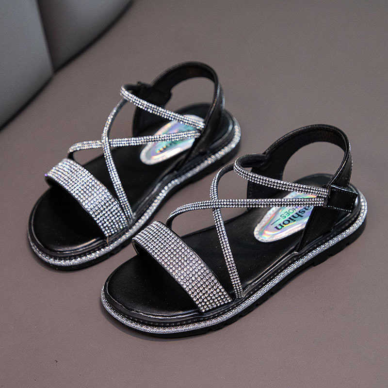 Sandals 2022 New Girls Sandals Children Rhinestone Fashion Princess Shoes Big Girls Shoes Open Toe Non-Slip Cross Strap Sandales CSH1330 R230220