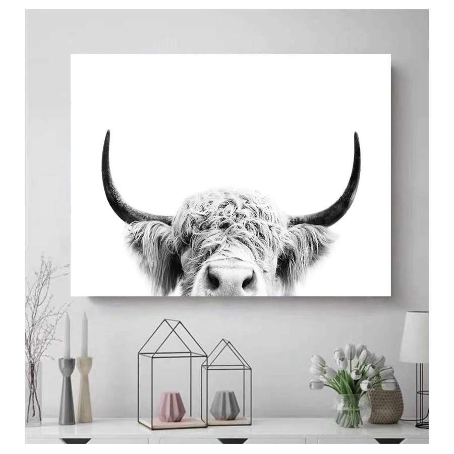 Pósteres de pintura en lienzo de animales e impresiones Cuadros cuadro de arte de pared para sala de estar decoración del hogar blanco y negro Yak Highland Cow Woo