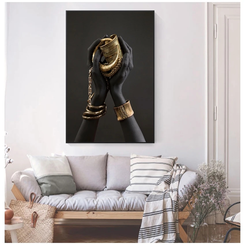 And Prints African Art Pictures Home Wall Decor Black Woman's Hand With Gold Jewelry Canvas Paintings On The Wall Art Posters Woo