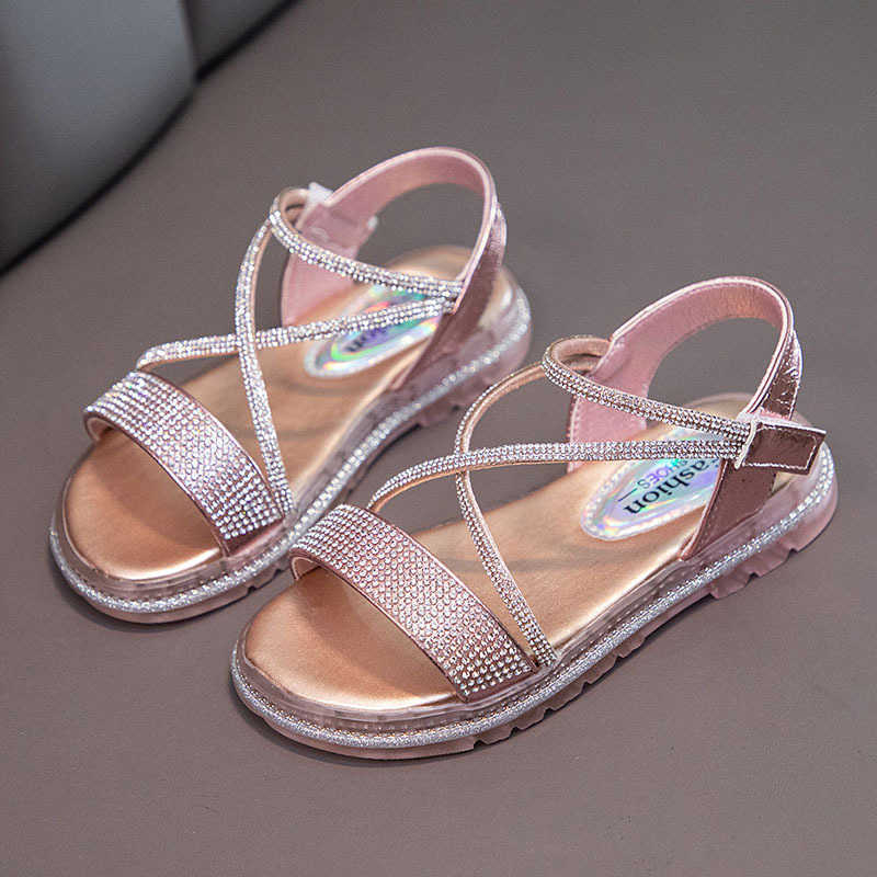 Sandals 2022 New Girls Sandals Children Rhinestone Fashion Princess Shoes Big Girls Shoes Open Toe Non-Slip Cross Strap Sandales CSH1330 R230220