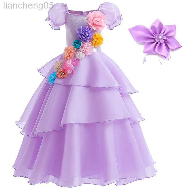 Платья для девочек Новое кино ролевая игра детская девочка платье фиолетового 3D -цветочного платья День рождения для принцессы приходит косплейная одежда с головным убором W0221