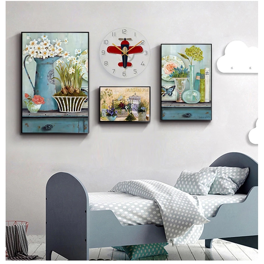 Image nordique minimaliste aquarelle affiche et peintures Vintage fleur toile peinture européenne pastorale décoration de la maison mur Art Woo