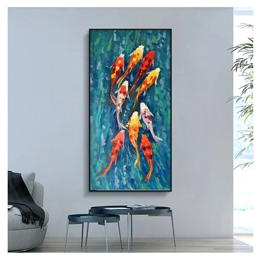 要約9つのKoi Fish Landscape Oil Painting on Canvasポスターリビングルームモダンな装飾壁アート写真