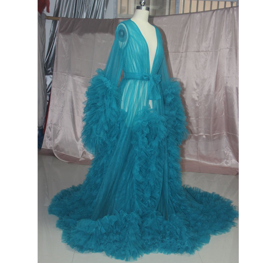 Ladies Dressing Gown Perspective Sheer Long Robe Puffy Tulle Robe Sheer for Maternity Photoshoot