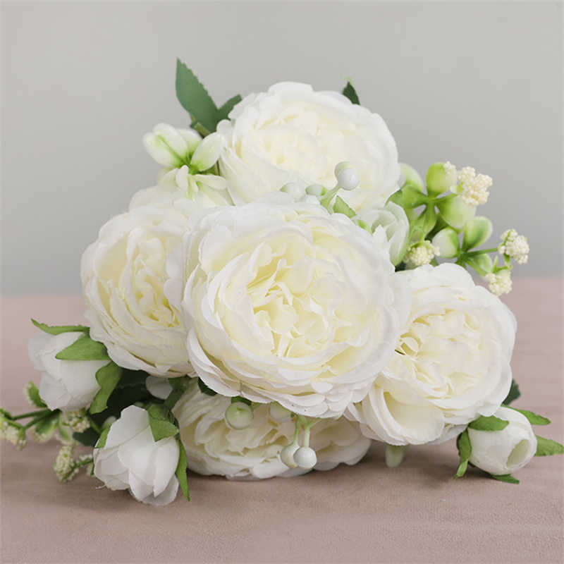 Couronnes de fleurs décoratives Vente directe d'usine pivoine en soie rose rose 30 cm faux bouquet 5 grosses têtes 4 bourgeons fausses fleurs maison décoration de mariage intérieur T230217