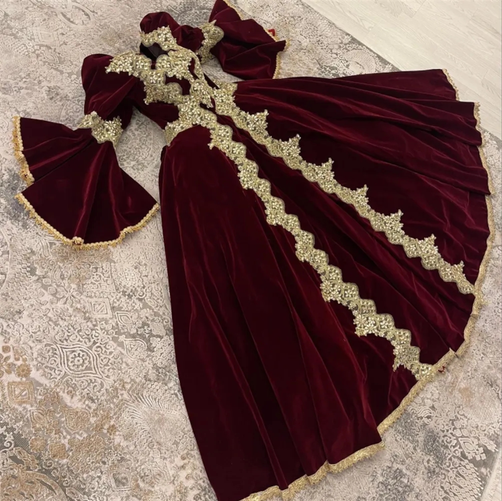 Algeria Wine Red Velvet Evening Dresses Luxury Crystal Caftan Dress Bridal Gowns Arabic Traditional Kosovo Vestidos