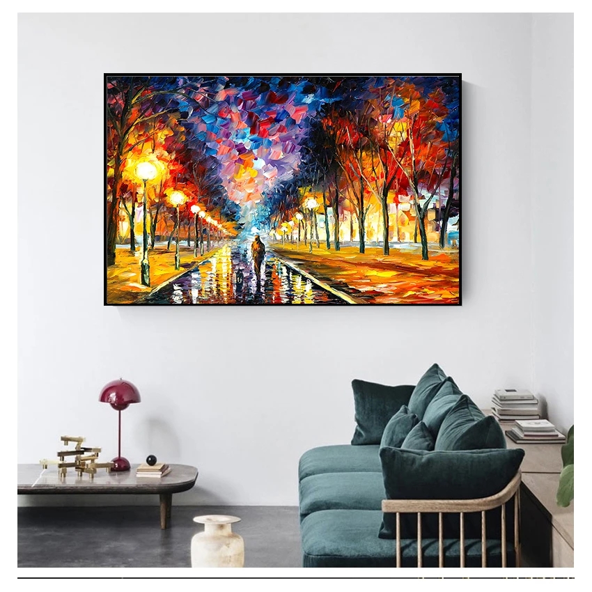 Paar Regentag Straßenlandschaft Poster Ölgemälde auf Leinwand Modernes Wandbild für Wohnzimmer HD-Druck Wand Pop Art Romantik Woo