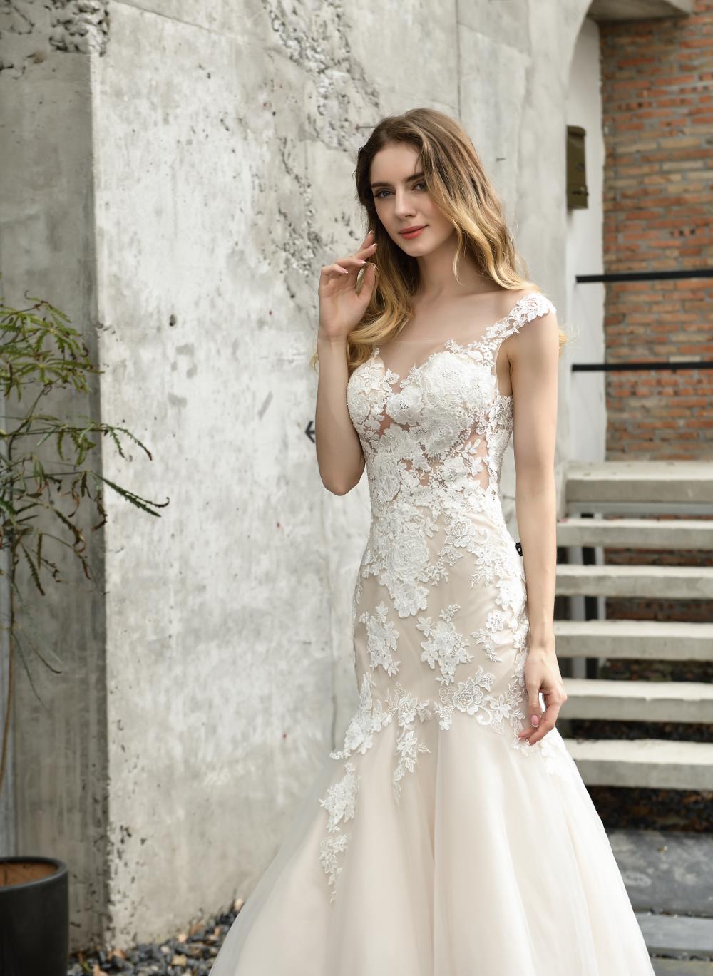 فساتين الزفاف حورية البحر ترتر زهرة رفيعة عارية عميق الخامس فستان أبيض طويل EN35396