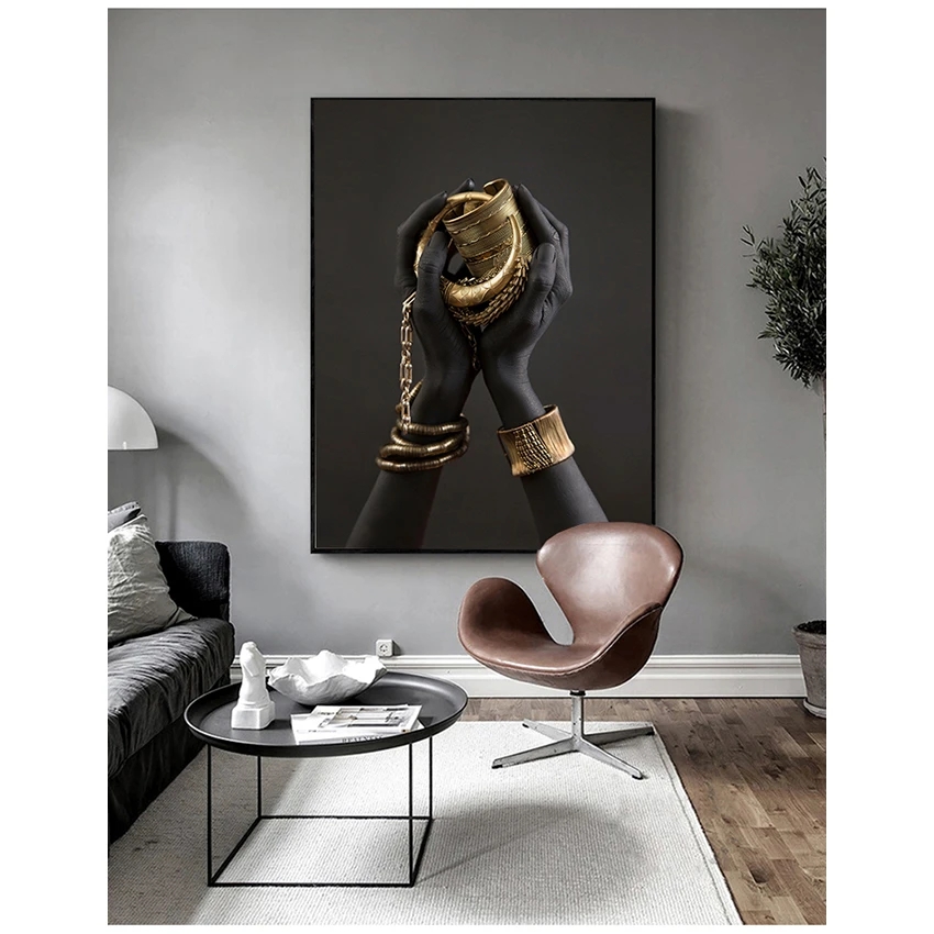 And Prints African Art Pictures Home Wall Decor Black Woman's Hand With Gold Jewelry Canvas Paintings On The Wall Art Posters Woo