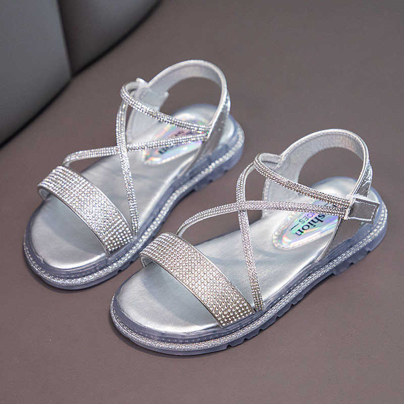 Sandals 2022 New Girls Sandals Children Rhinestone Fashion Princess Shoes Big Girls Shoes Open Toe Non-Slip Cross Strap Sandales CSH1330 R230220