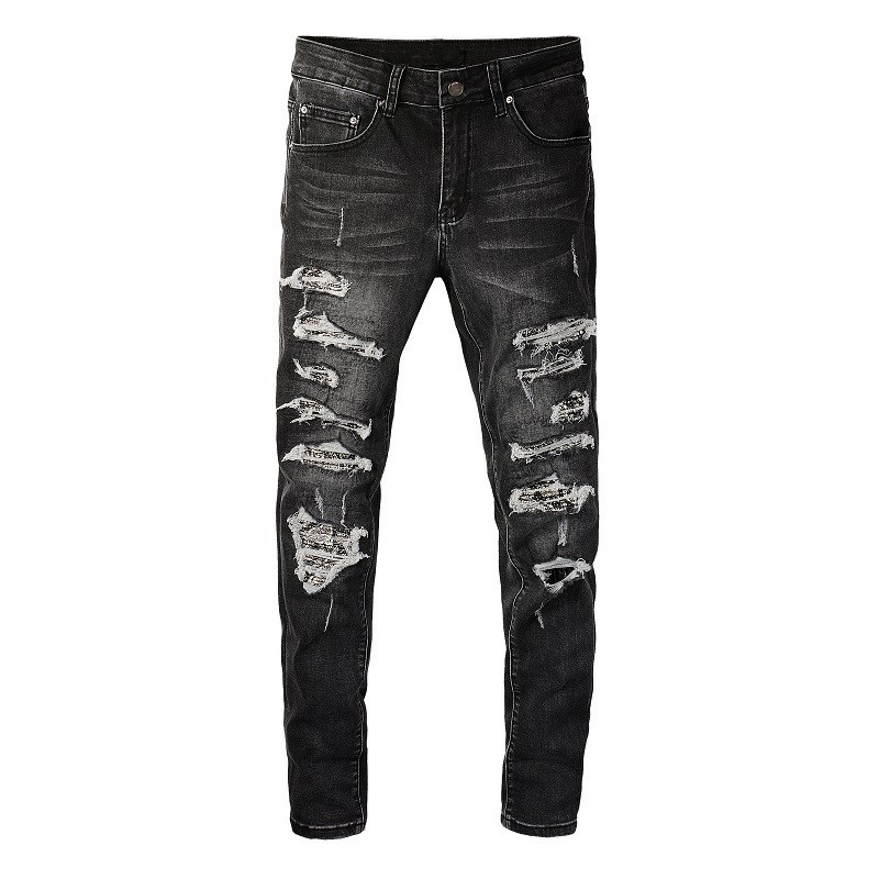 Jeans causais jeans Novo estilista de moda preto azul magro rasgado destru￭do Slim Fit Fit Hip Hop