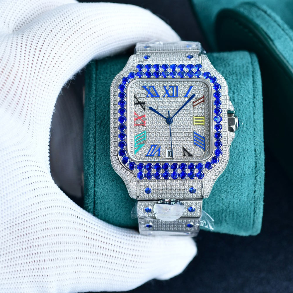 풀 다이아몬드 남성 시계 자동 기계식 8215 운동 시계 40mm 다이아몬드 스터드 스틸 팔찌 사파이어 비즈니스 손목 시계 Montre de Luxe