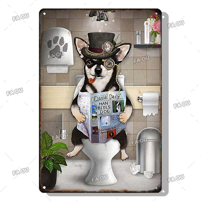 Zabawne malowanie metalowe dla psów sprawia, że ​​miski toaletowe czyta gazeta retro metalowa plakat toaleta Tin znak łazienki sztuka tablica domowy dekoracje ścienne 20x30cm WO3