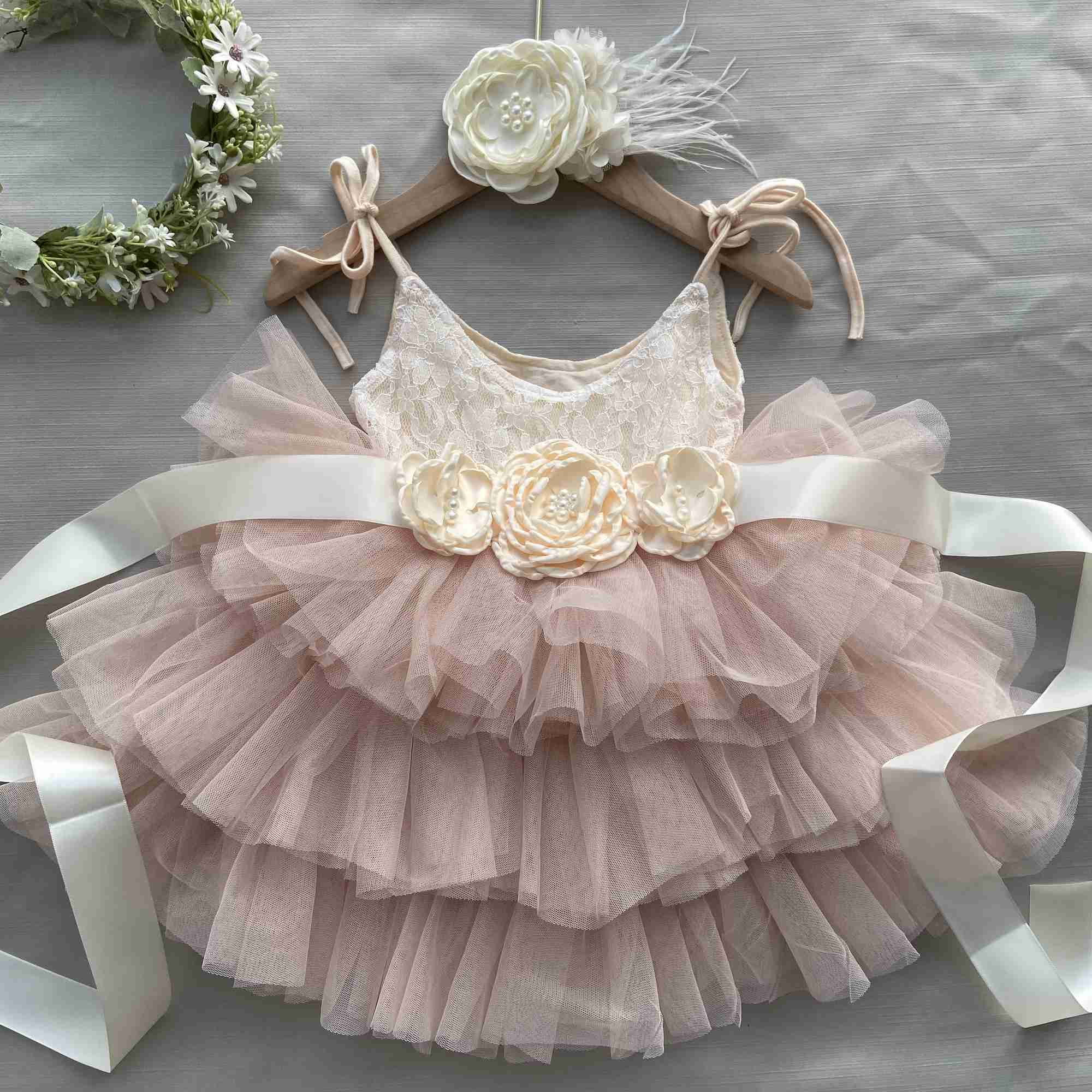 Girl's jurken peuter babymeisjes 1e verjaardag jurk voor kinderen bloemen meisjes bruiloft komen riem hoofdband outfit set kind prinses jurk w0314