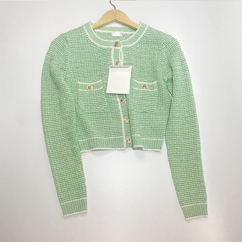 203 L 2023 Autumn Sweaters Women's Cardigan Green Pink Sweater Crew Neck L￥ng￤rm varum￤rke samma stil Kvinnor Xue