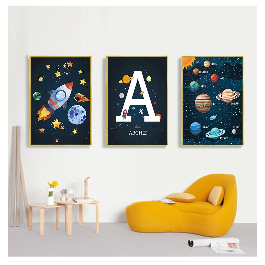 Bokstavskambarn v￤ggkonst canvas m￥lning nordiska affischer och tryck v￤ggbilder barn rum dekor planet raket rymdskepp nummer woo