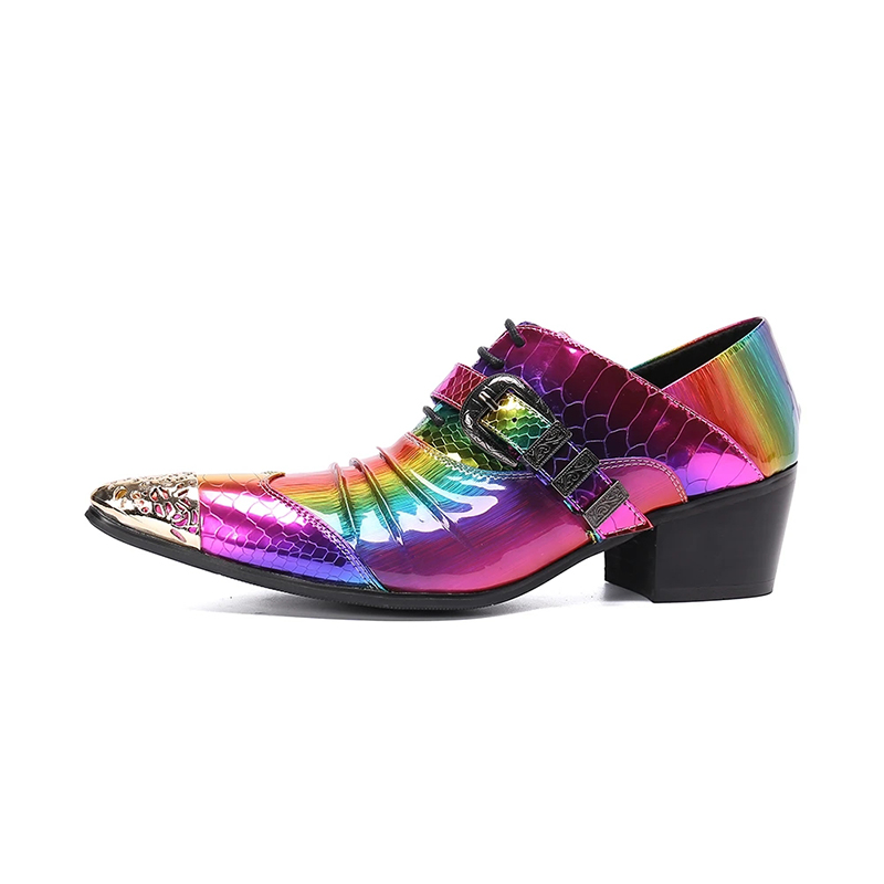 Mode Rainbow Laser Party Men Oxford Shoes Pointed Toe Formal Brogue Shoes Club Lace Up Real Leather Shoes