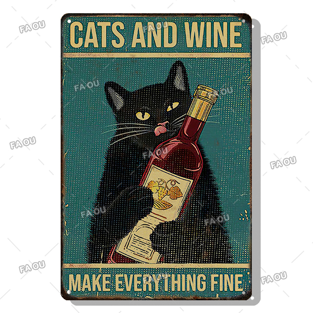 Birra e gatto Poster in metallo vintage Gatto divertente Decorazione retrò Targa in metallo Bar Club Cafe Targa artistica da parete Decorazione domestica moderna Estetica Pittura animali domestici carini 20x30 cm W01