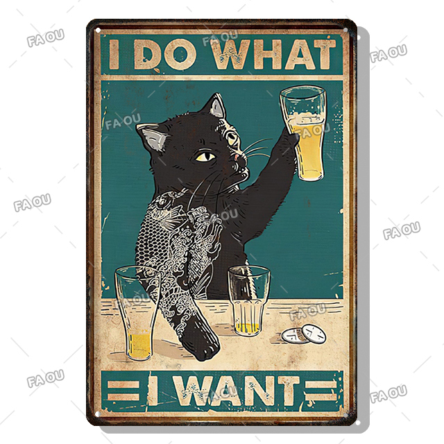 Pôster de metal vintage de cerveja e gato, decoração retrô de gato engraçado, placa de lata para bar, clube, café, arte de parede, decoração moderna para casa, estética, pintura de animal de estimação fofa 20x30 cm W01