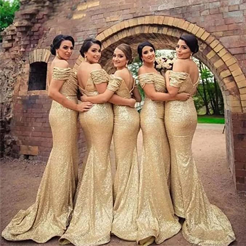 Блестящие блестящие золотые платья подружки невесты с блестками и открытыми плечами, платья подружки невесты больших размеров, свадебное платье