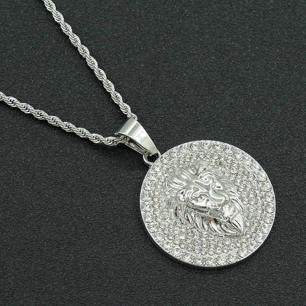 Collier avec pendentif tête de Lion ronde dominatrice, bijoux plaqués or véritable en Zircon