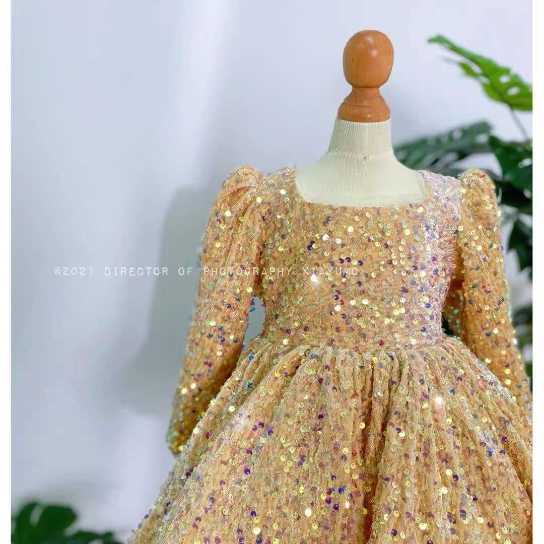 Mädchenkleider Pailletten-Kinderkleid für Mädchen, Hochzeit, goldenes Tüll-Spitze-Mädchenkleid, elegante Prinzessin, Party, Festzug, formelles Kleid für die Taufe, kommen Sie W0221